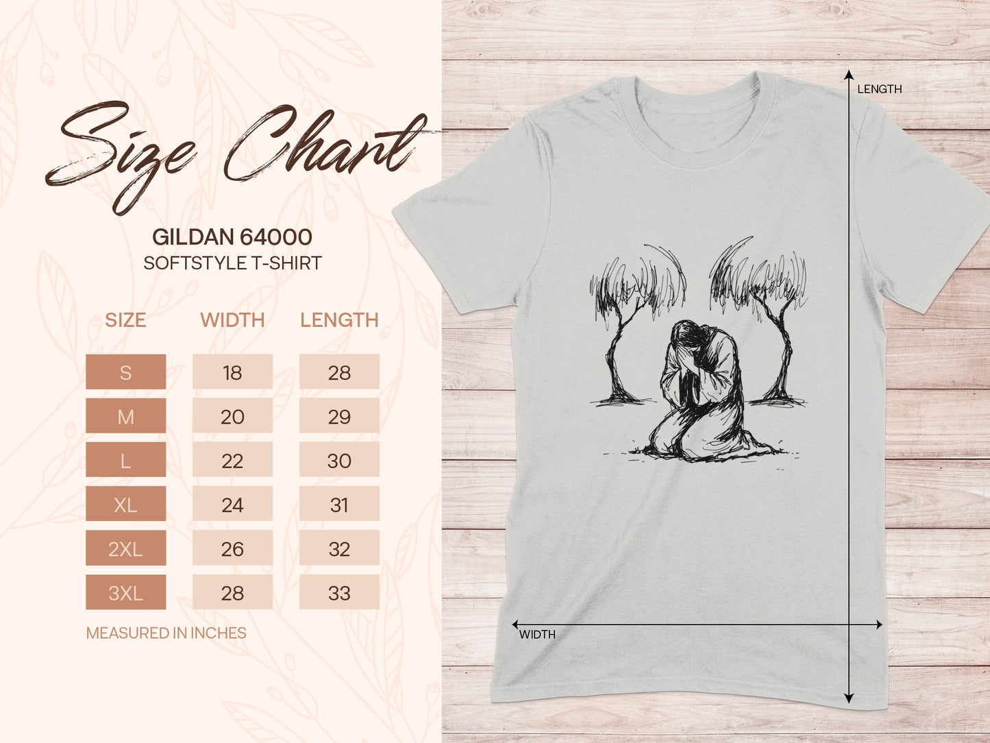 Gildan 64000 softstyle t-shirt size chart with measurements.