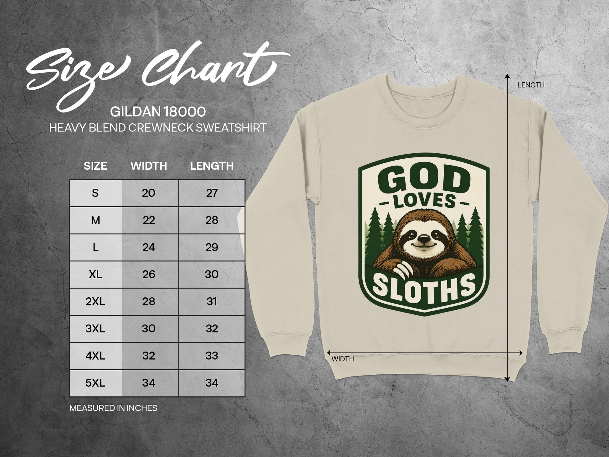 Gildan 18000 sweatshirt size chart with sloth graphic.