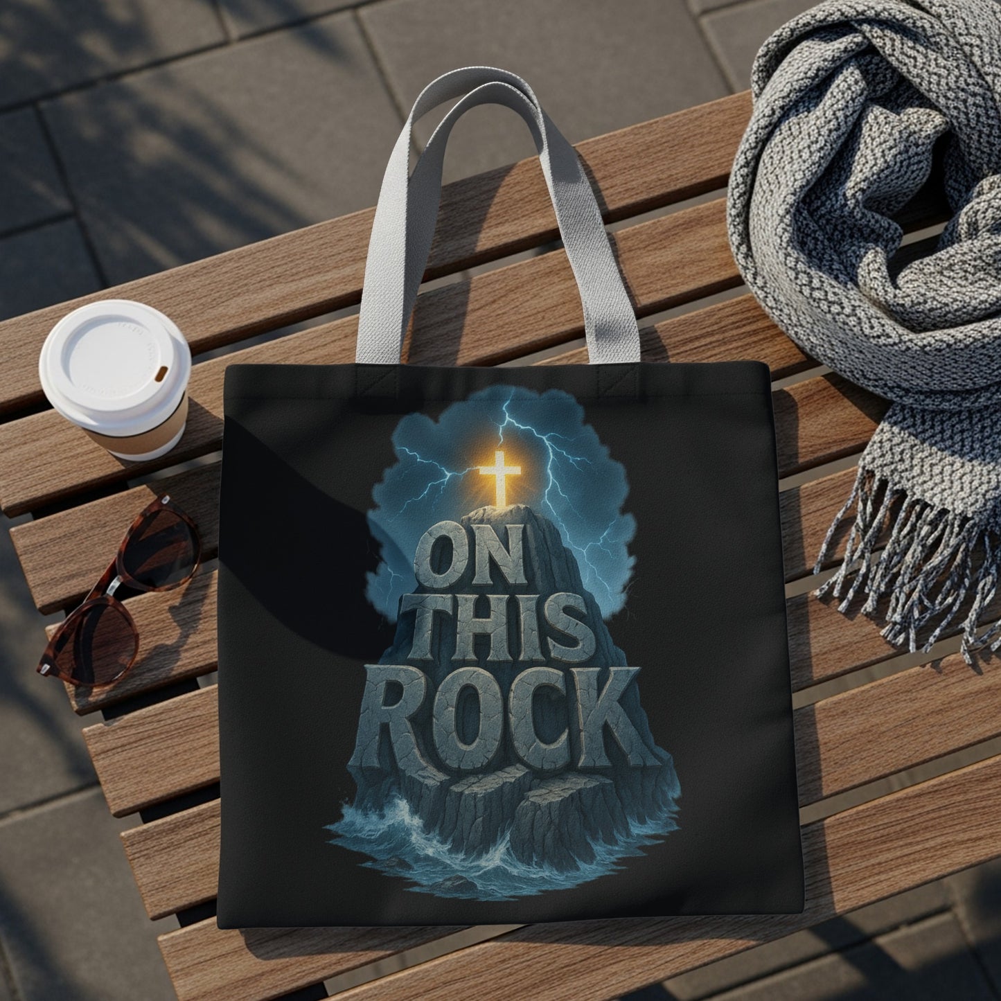 Black tote bag with "On This Rock" text and illuminated cross on a rocky island.