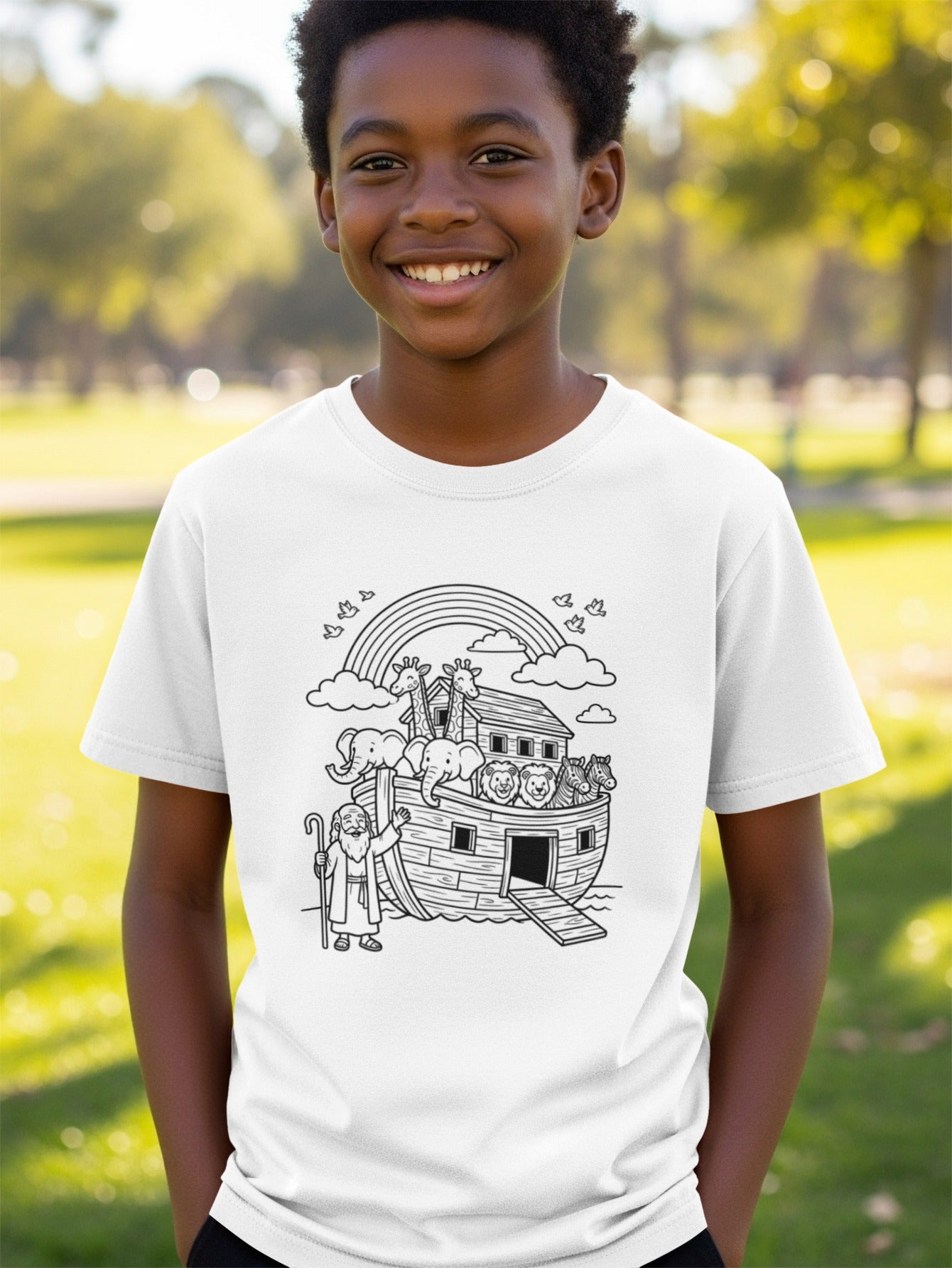 Child wearing white t-shirt with Noah's Ark and animals illustration.