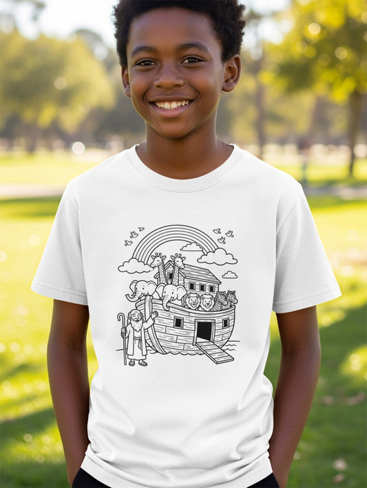Child wearing white t-shirt with Noah's Ark and animals illustration.