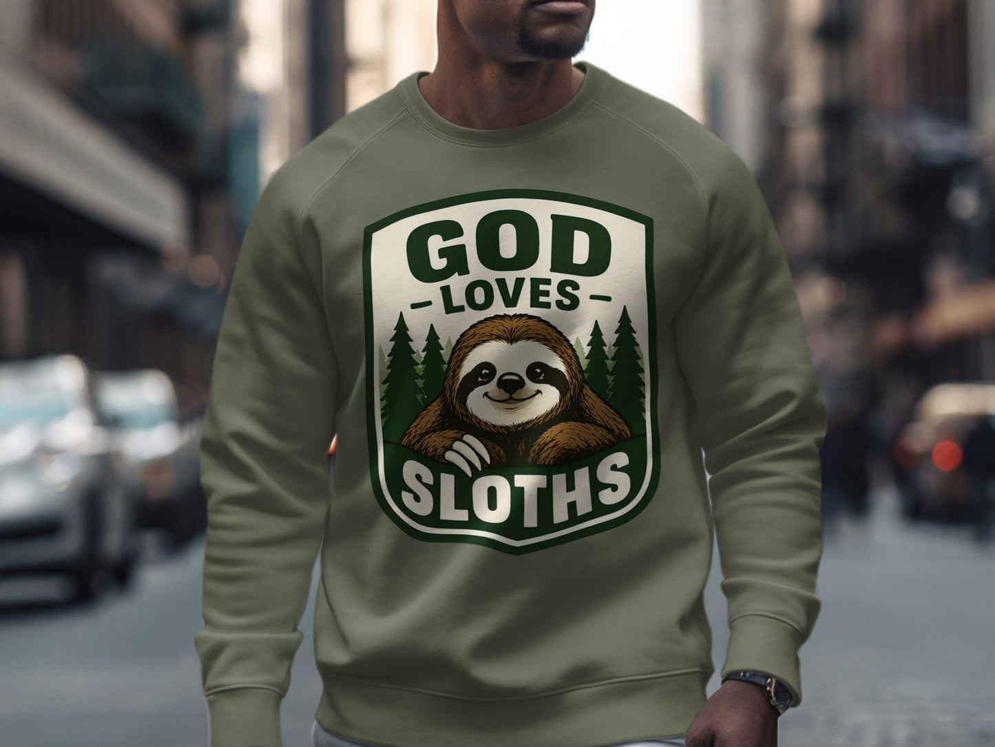 Green sweatshirt with "GOD LOVES SLOTHS" shield logo featuring a sloth.