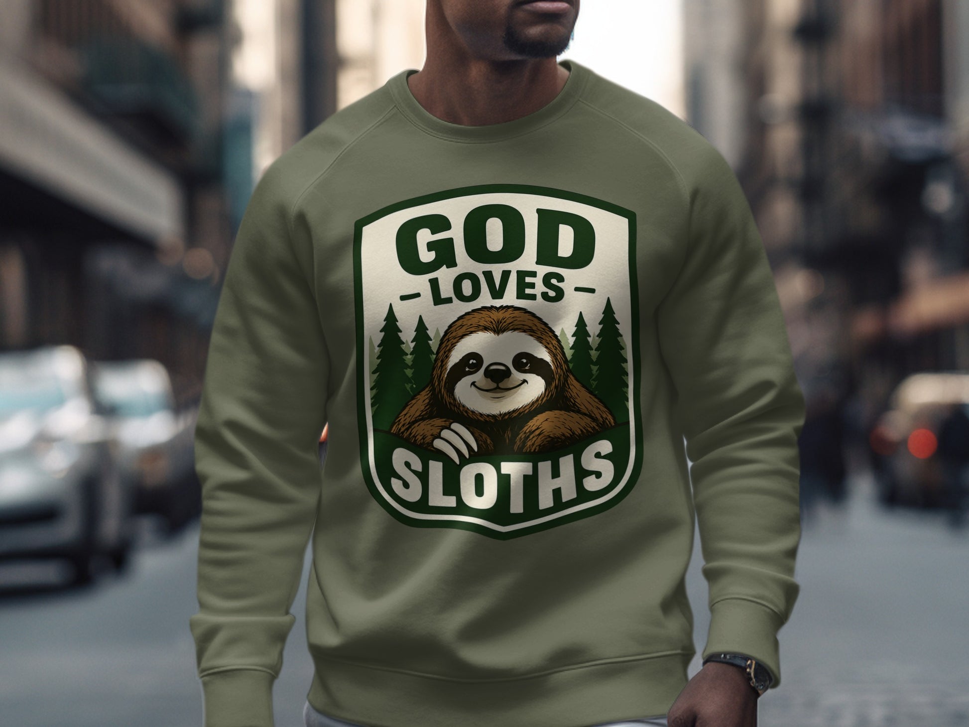 Green sweatshirt with "GOD LOVES SLOTHS" shield logo featuring a sloth.