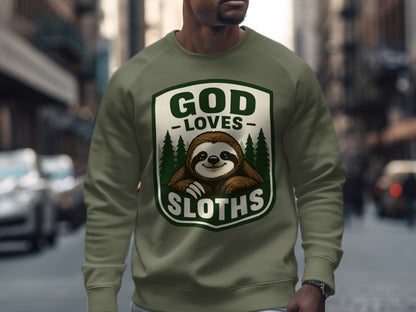 Green sweatshirt with "GOD LOVES SLOTHS" shield logo featuring a sloth.