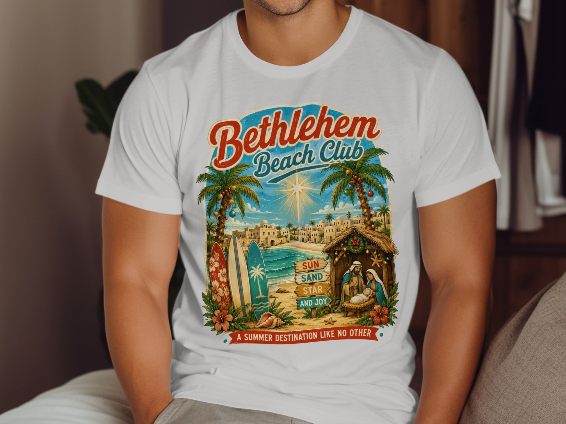 Bethlehem Beach Club graphic with nativity scene, surfboards, palm trees, and sun.