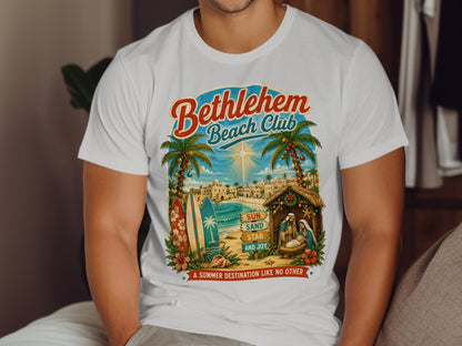Bethlehem Beach Club graphic with nativity scene, surfboards, palm trees, and sun.