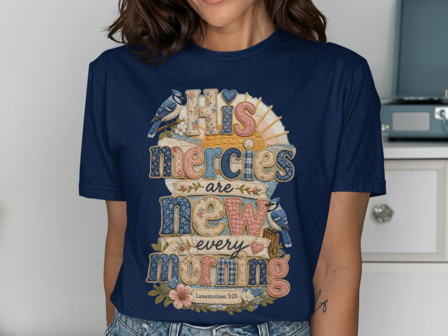 Navy t-shirt with "His Mercies Are New Every Morning" text and bluebirds.