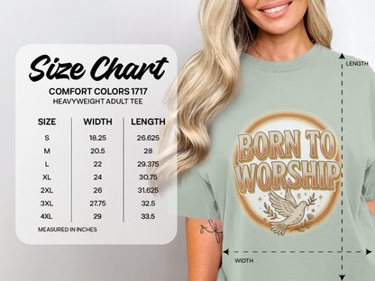 Comfort Colors 1717 heavyweight adult tee size chart with width and length measurements.