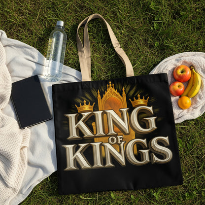 Black tote bag with "KING OF KINGS" text and golden throne graphic.