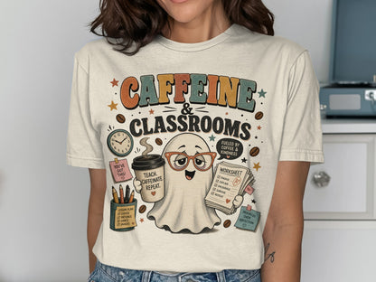 Ghost wearing glasses holds coffee and worksheet; "Caffeine & Classrooms" text.