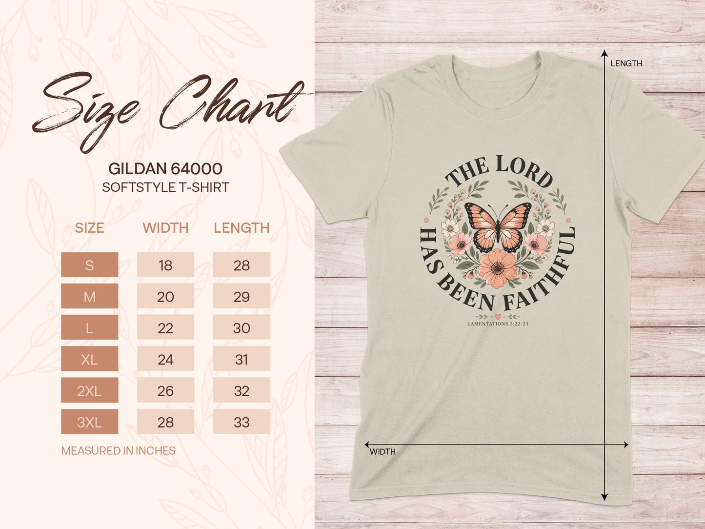 Gildan 64000 size chart for softstyle t-shirt with Christian graphic.