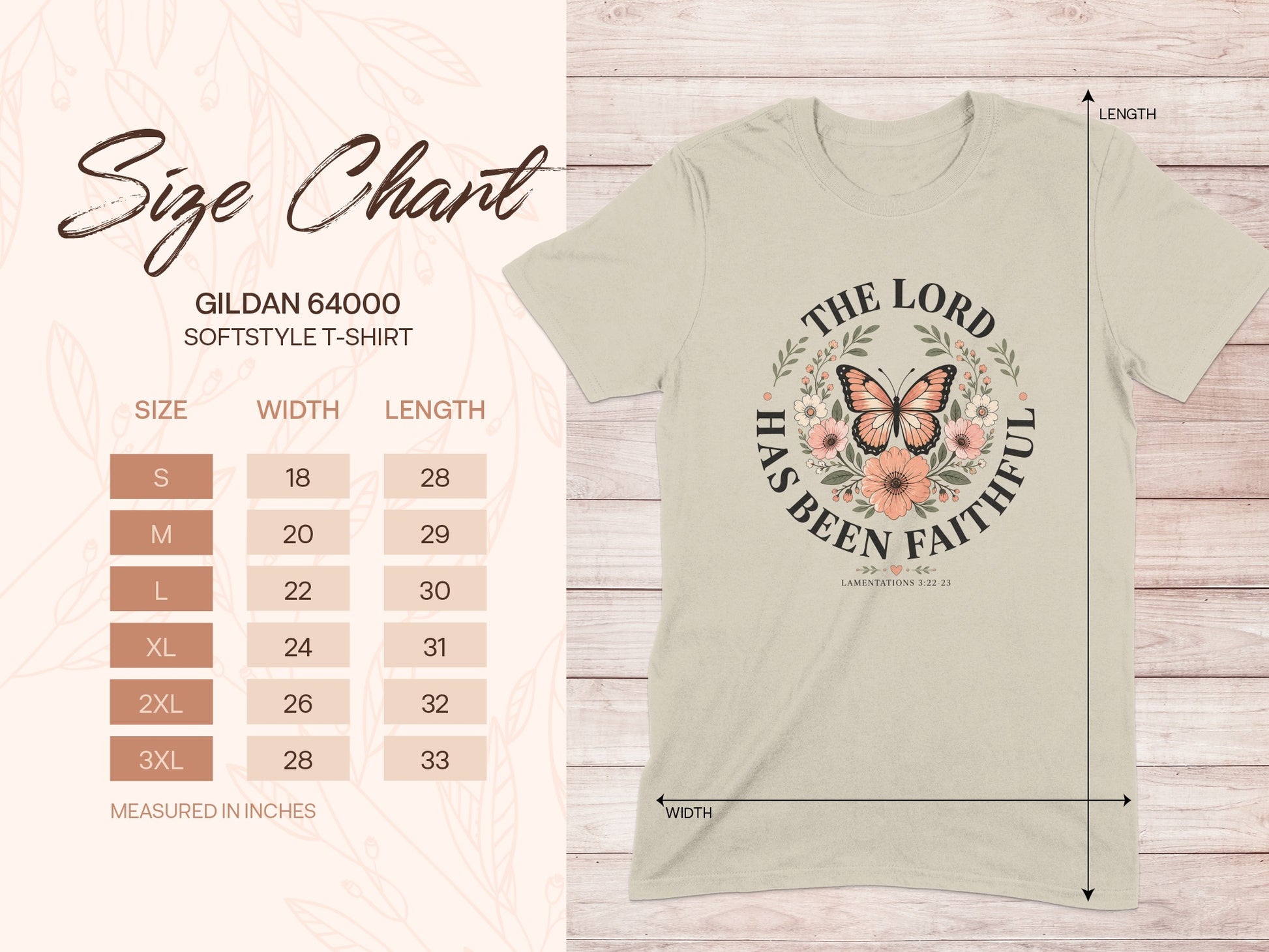 Gildan 64000 size chart for softstyle t-shirt with Christian graphic.