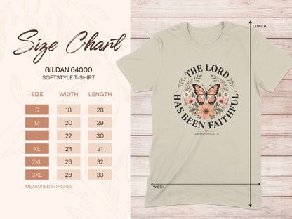 Gildan 64000 size chart for softstyle t-shirt with Christian graphic.