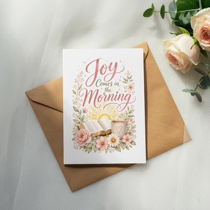 Card with "Joy Comes in the Morning" text, an open book, and coffee.