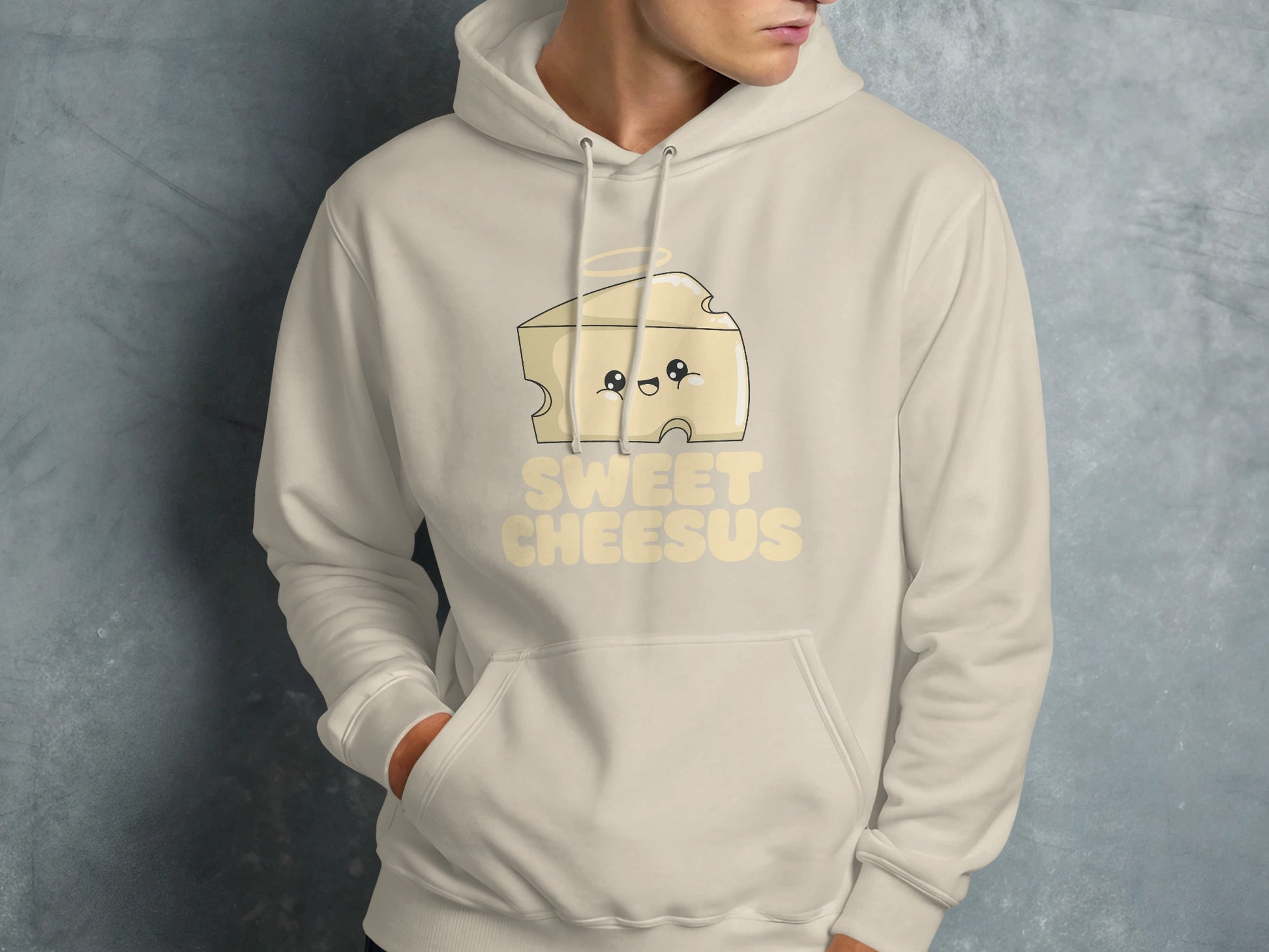 Cream hoodie with "SWEET CHEESUS" text and a smiling cheese slice character.