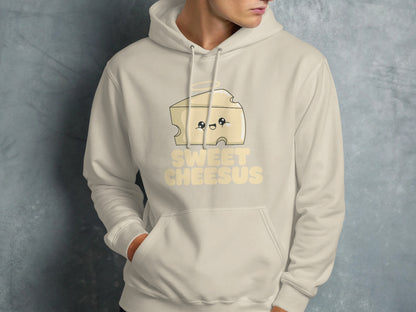 Cream hoodie with "SWEET CHEESUS" text and a smiling cheese slice character.