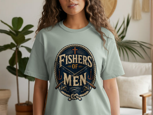 T-shirt with "Fishers of Men" cross, fishing rods, hooks, and rope knot graphic.