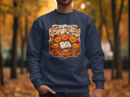 Navy sweatshirt with pumpkins and Bible verse "Give thanks to the Lord."