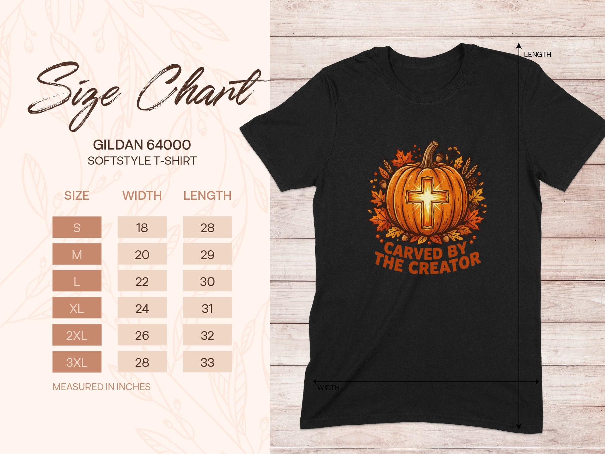 Gildan 64000 softstyle t-shirt size chart with dimensions.