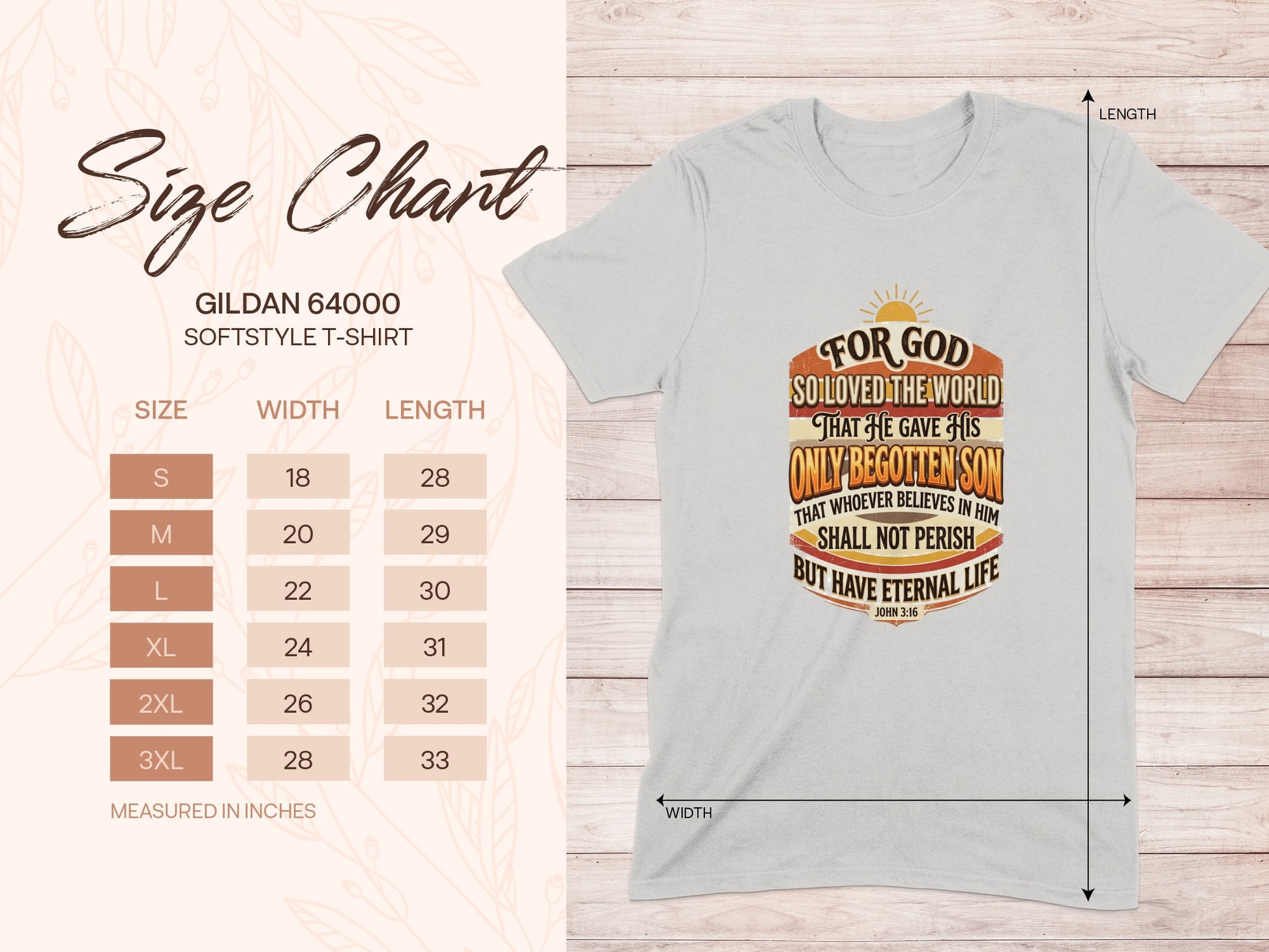 Gildan 64000 Softstyle T-Shirt size chart with John 3:16 graphic.