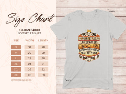 Gildan 64000 Softstyle T-Shirt size chart with John 3:16 graphic.