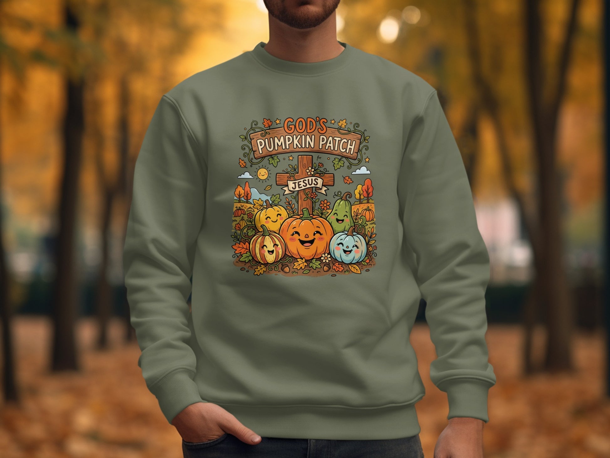 Crewneck sweatshirt with pumpkins, cross, and "God's Pumpkin Patch Jesus" text.