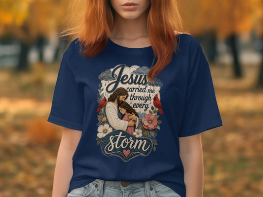 Jesus carrying woman through storm, with birds and flowers.
