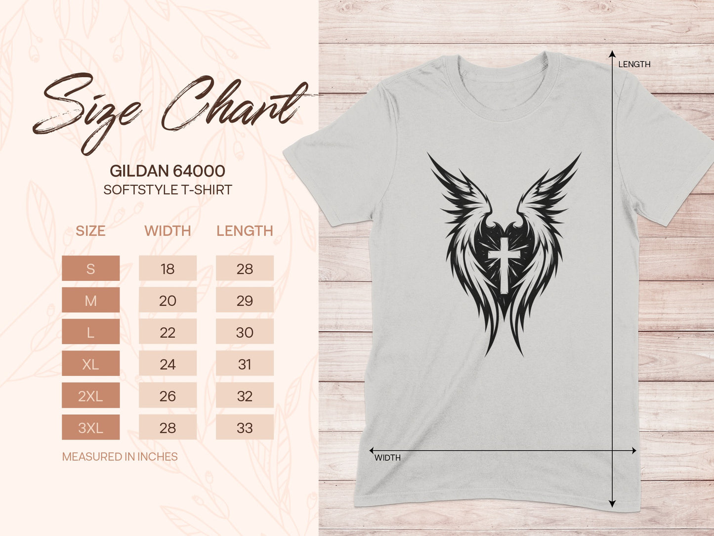 Gildan 64000 Softstyle T-Shirt size chart showing width and length measurements for sizes S-3XL.