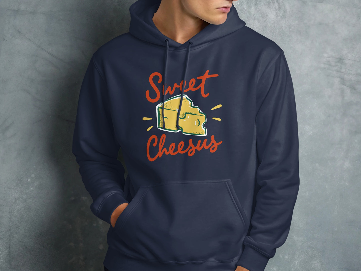 Navy blue hoodie with "Sweet Cheesus" text and cheese graphic.