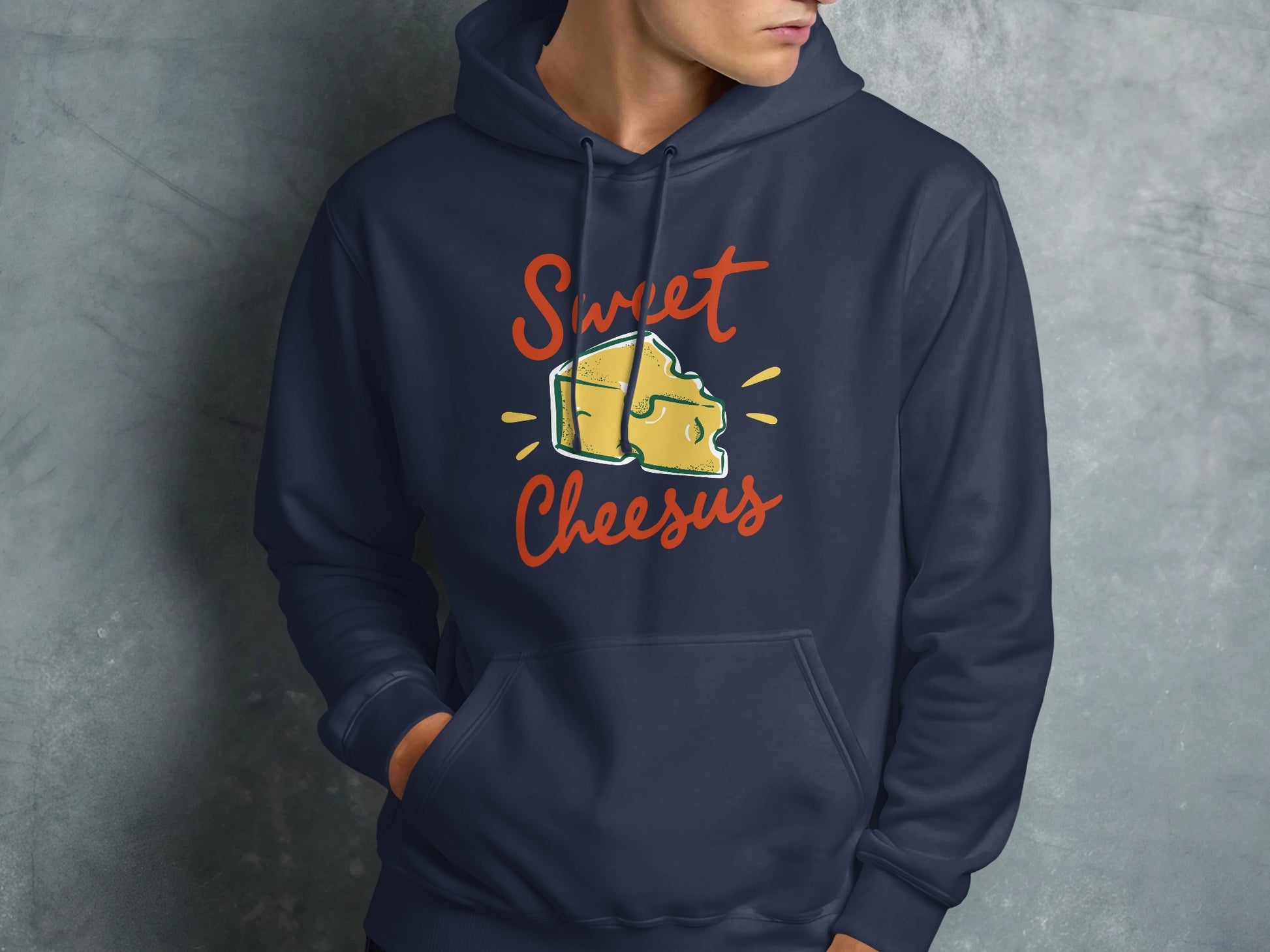 Navy blue hoodie with "Sweet Cheesus" text and cheese graphic.