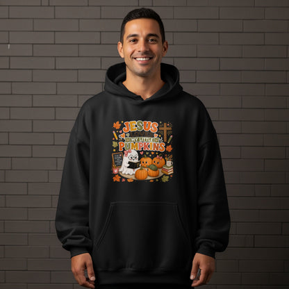 Black hoodie with "Jesus Loves My Little Pumpkins" graphic featuring a ghost and pumpkins.