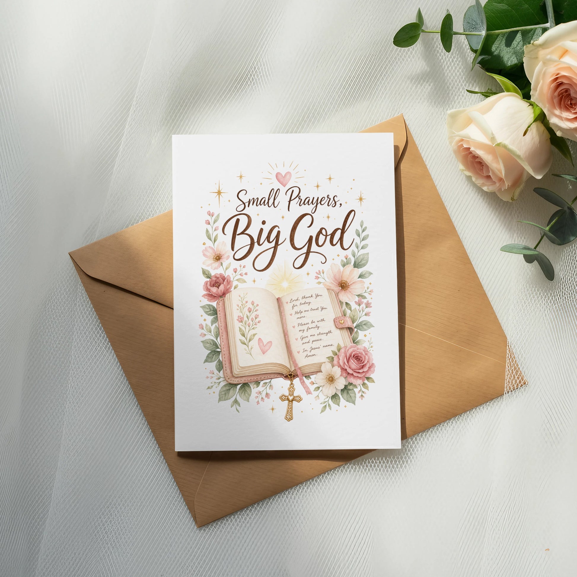 Card with "Small Prayers, Big God" and a prayer on an open bible.