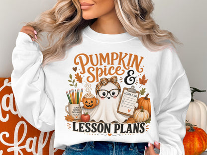 Ghost with glasses holding lesson plans, text "Pumpkin Spice & Lesson Plans".