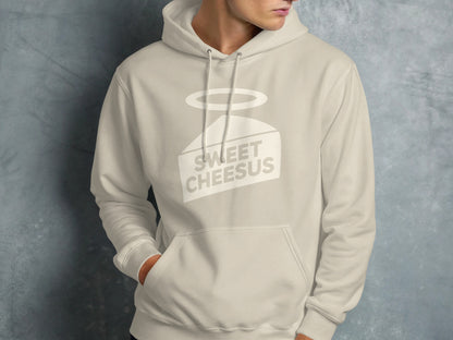 Cream hoodie with "SWEET CHEESUS" text and a cheese wedge graphic.