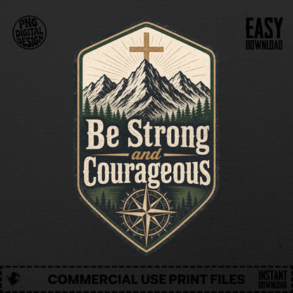 Embroidered patch design with mountains, cross, compass, and "Be Strong and Courageous" text.