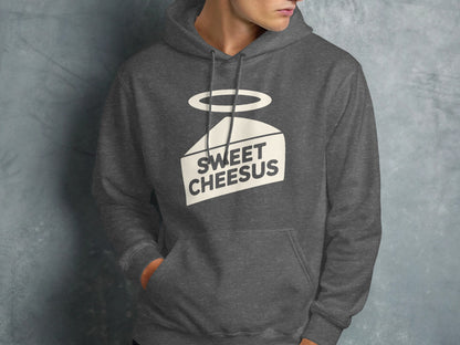 Dark gray hoodie with "SWEET CHEESUS" text and a halo above a cheese wedge.