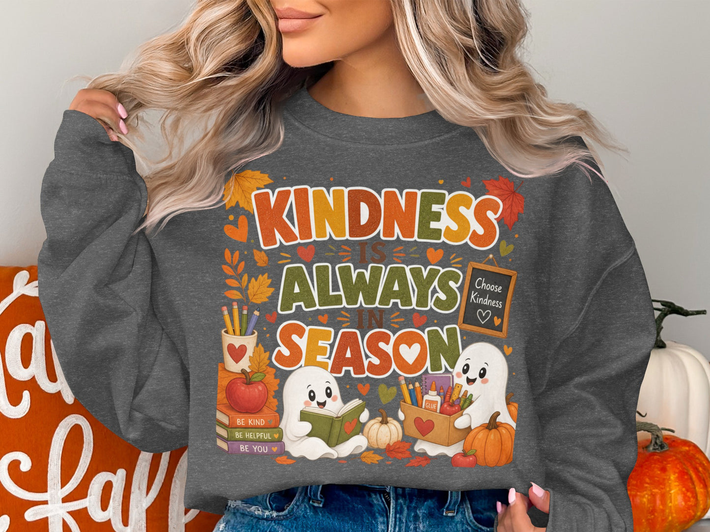 Kindness is Always in Season graphic with ghosts, pumpkins, books, and fall leaves.