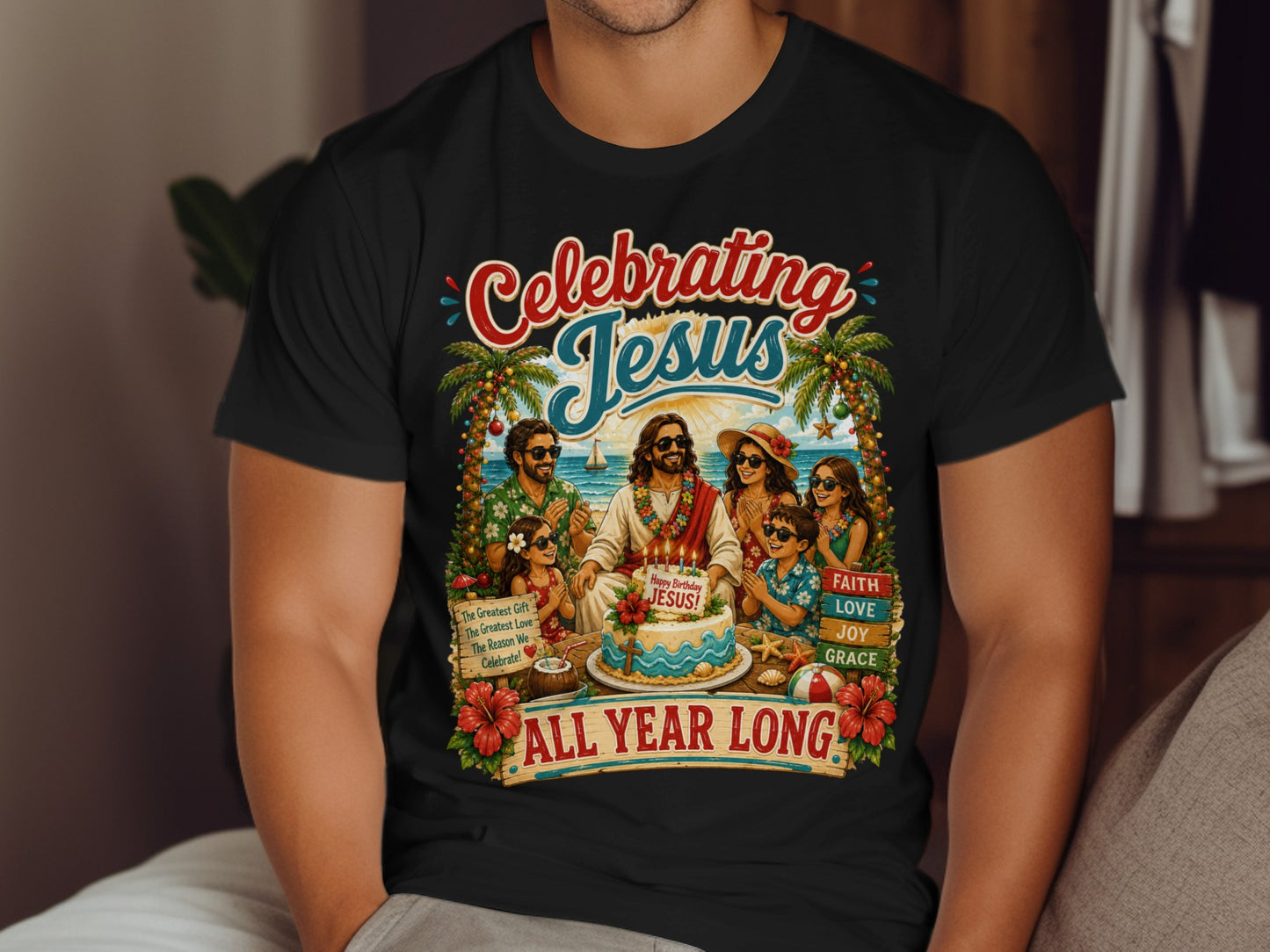 Black t-shirt with "Celebrating Jesus ALL YEAR LONG" graphic and birthday cake.