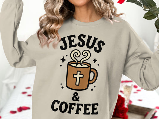Beige sweatshirt with "Jesus & Coffee" graphic and steaming coffee mug.