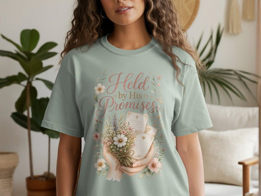 T-shirt with floral design and text "Held by His Promises"