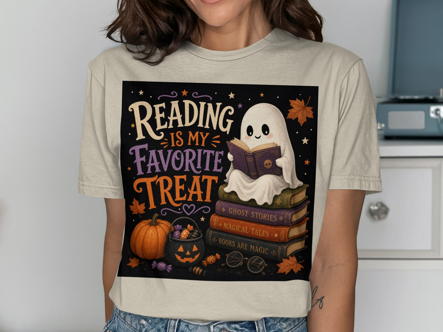 Ghost reading on books, "Reading Is My Favorite Treat" text, Halloween theme.