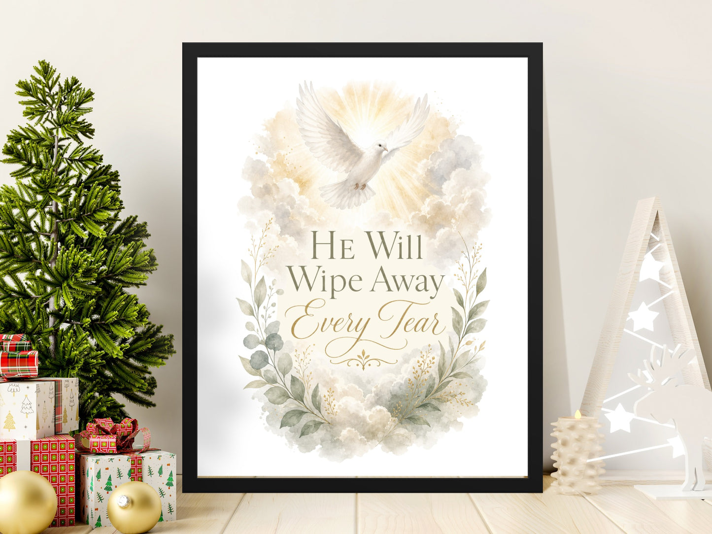 Framed artwork with a dove and text "HE Will Wipe Away Every Tear".