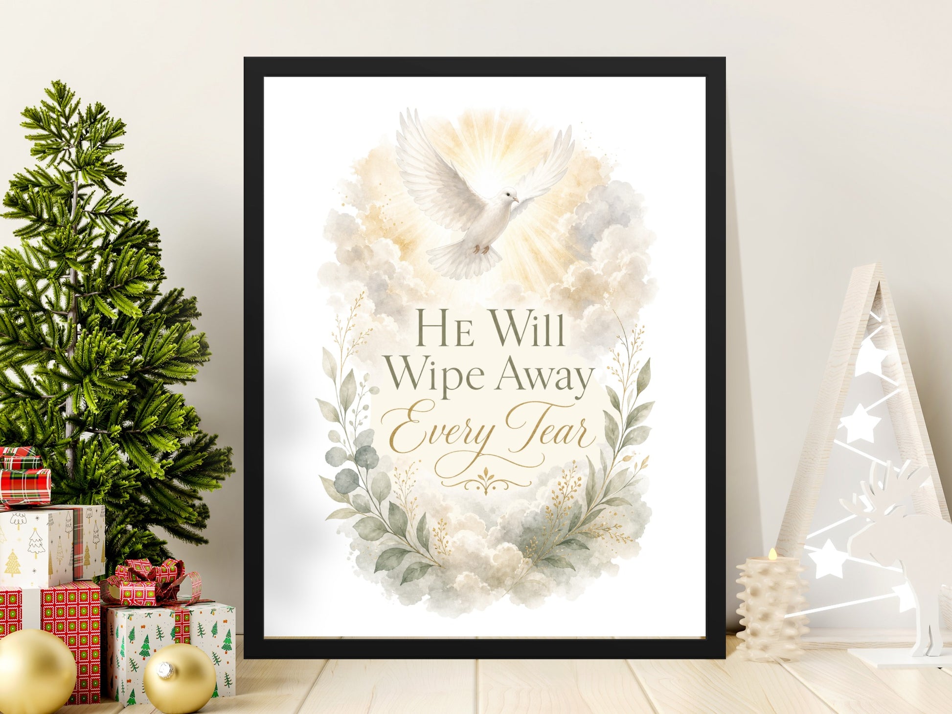 Framed artwork with a dove and text "HE Will Wipe Away Every Tear".