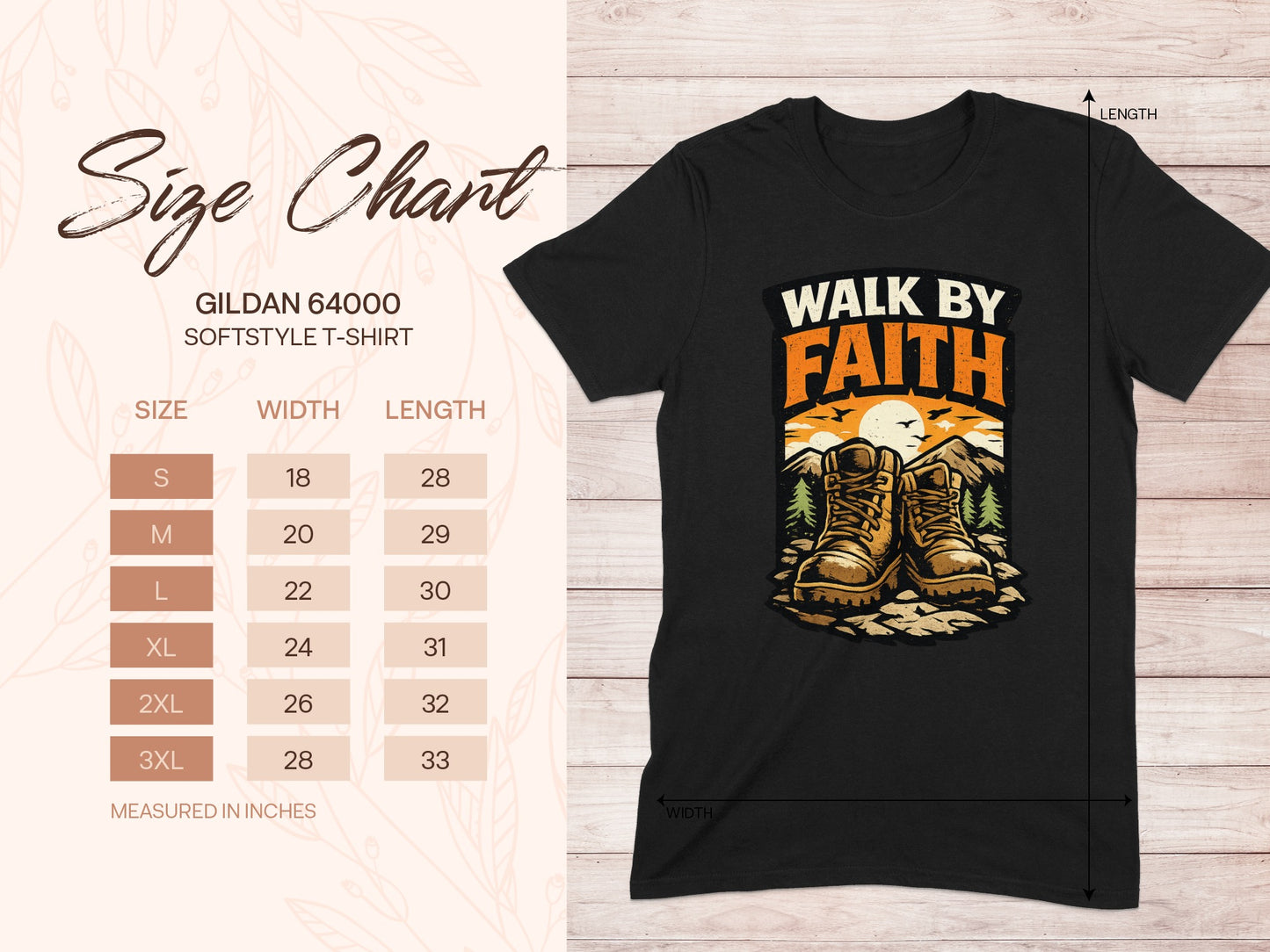 Gildan 64000 t-shirt size chart with hiking boots graphic and "Walk By Faith" text.