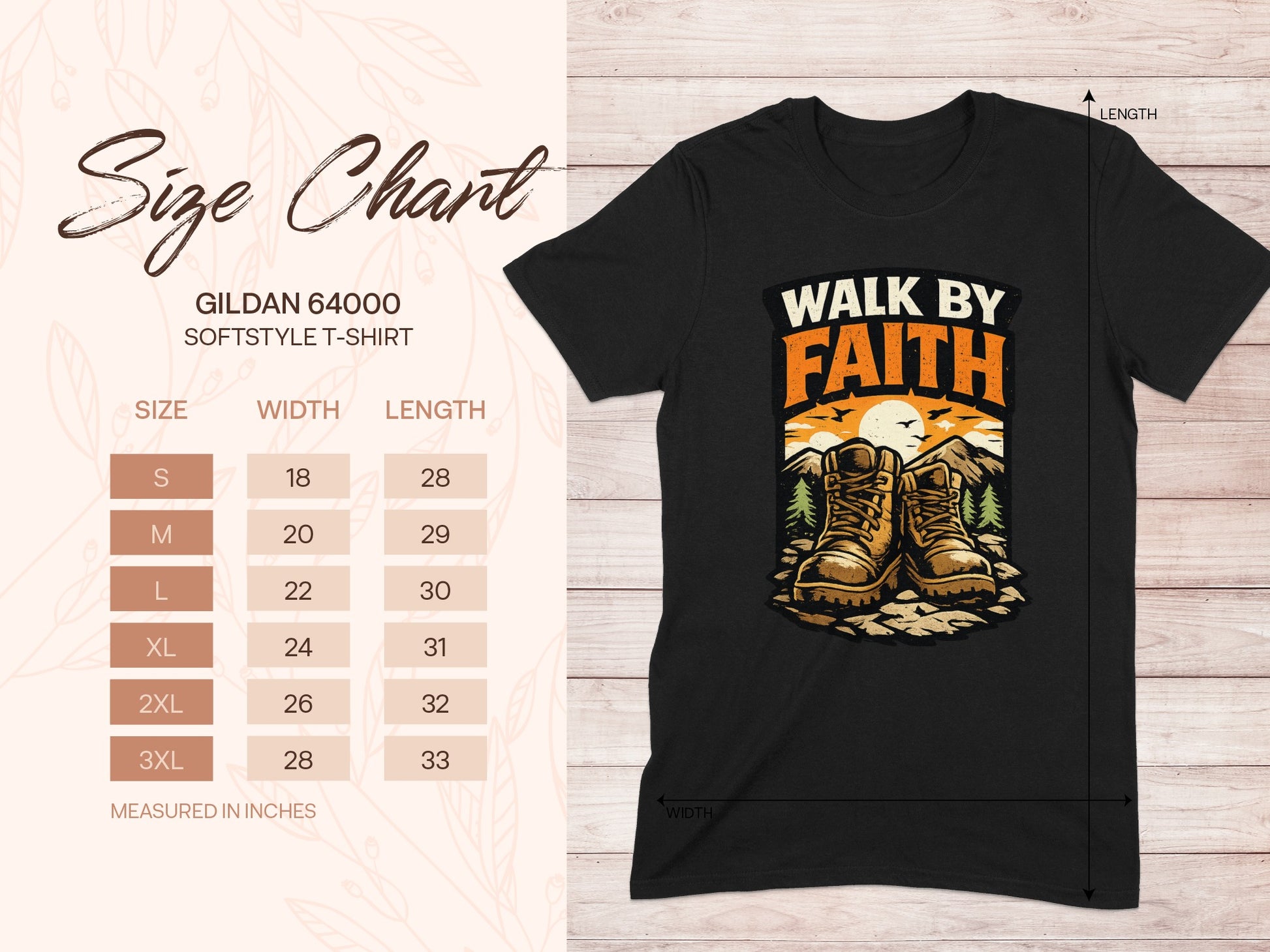 Gildan 64000 t-shirt size chart with hiking boots graphic and "Walk By Faith" text.