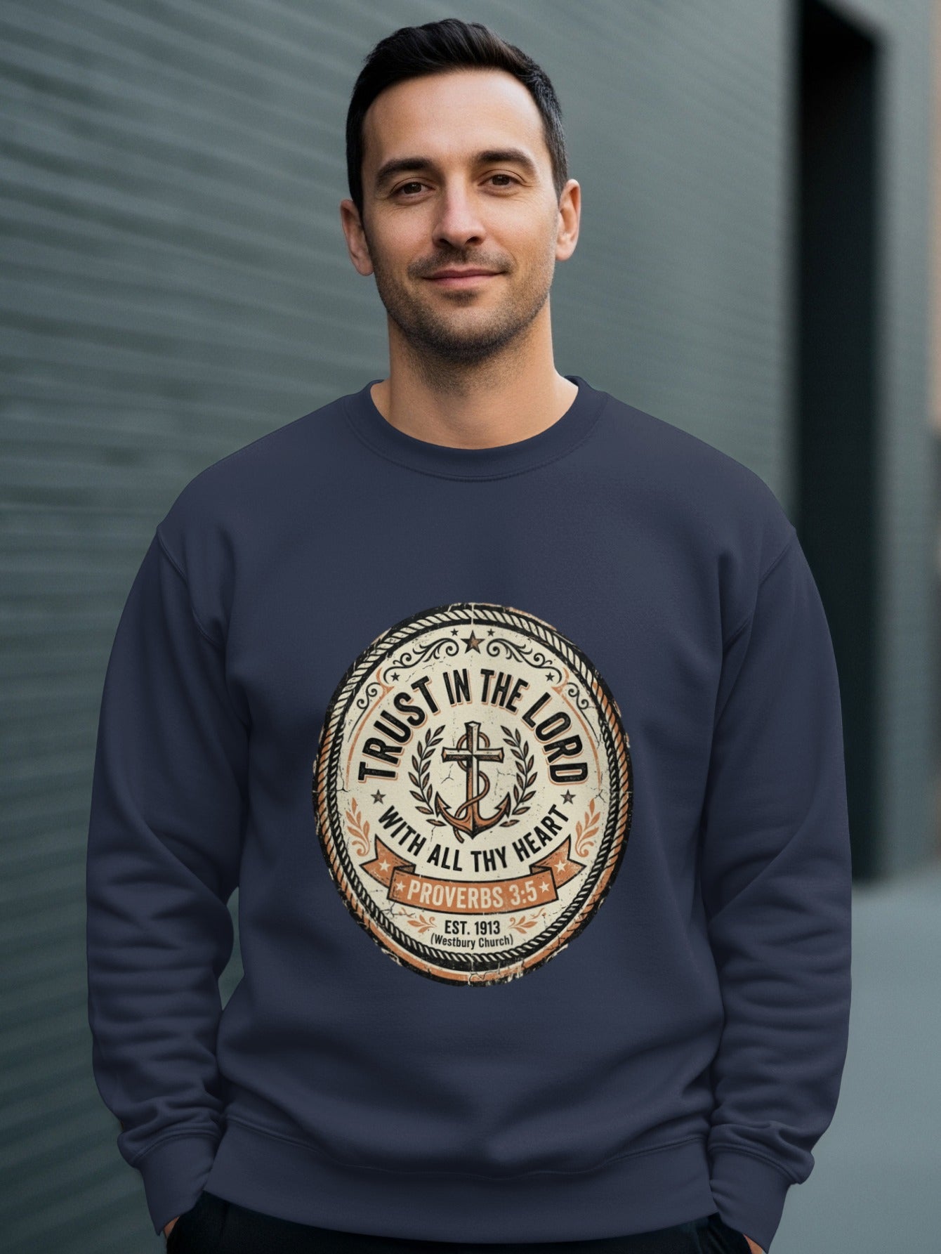Navy sweatshirt with "Trust in the Lord Proverbs 3:5" circular design.