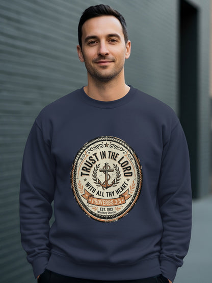 Navy sweatshirt with "Trust in the Lord Proverbs 3:5" circular design.
