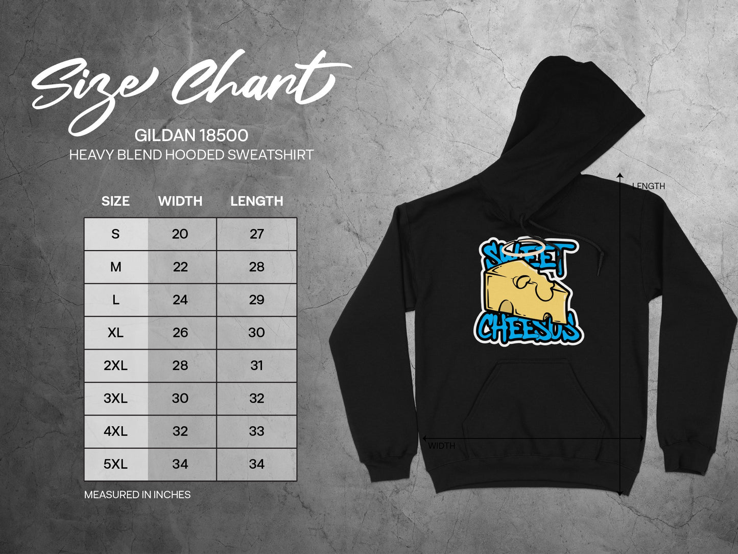 Gildan 18500 hooded sweatshirt size chart with measurements.