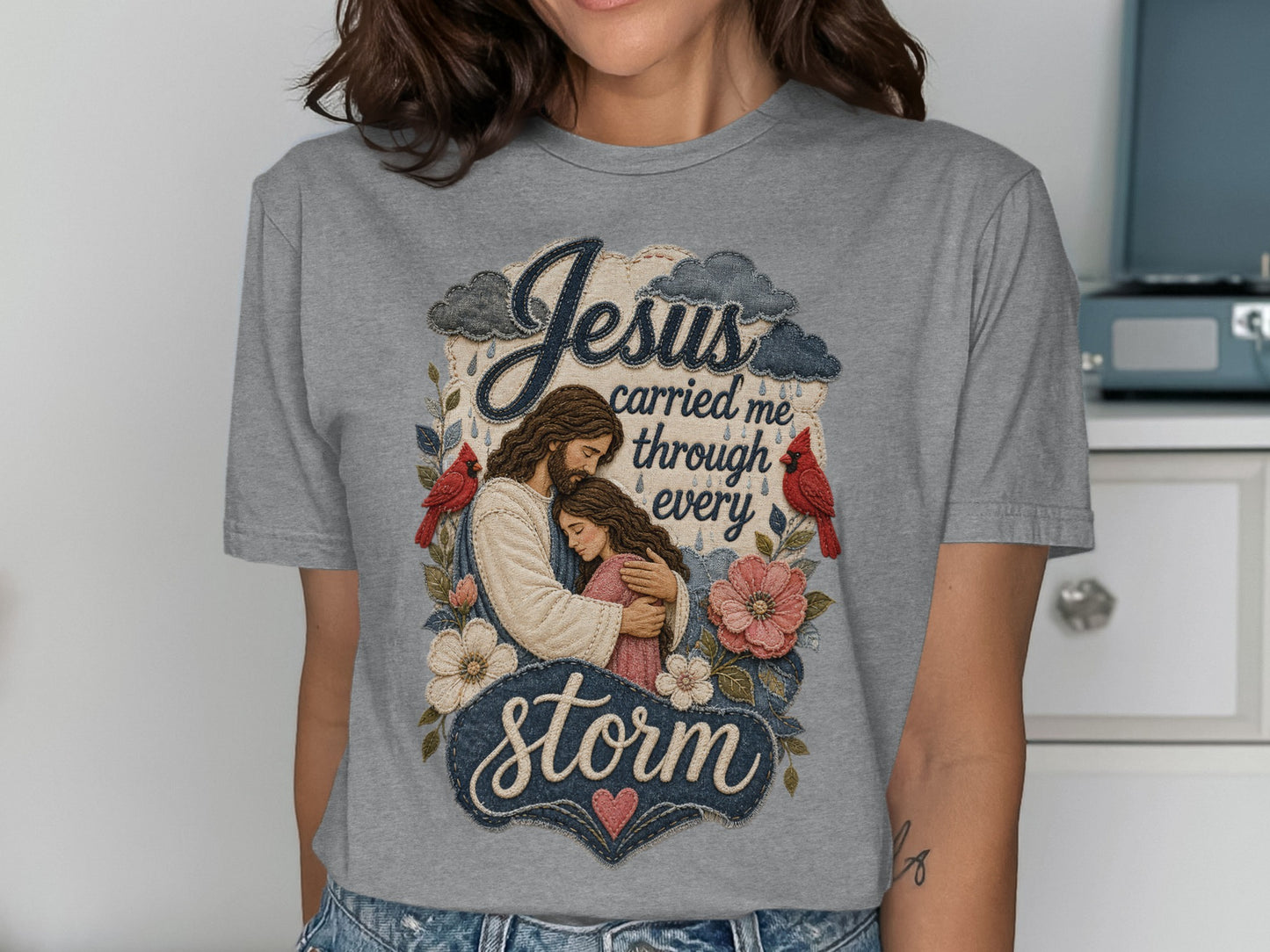 Jesus carrying a girl through a storm, with "Jesus carried me through every storm" text.