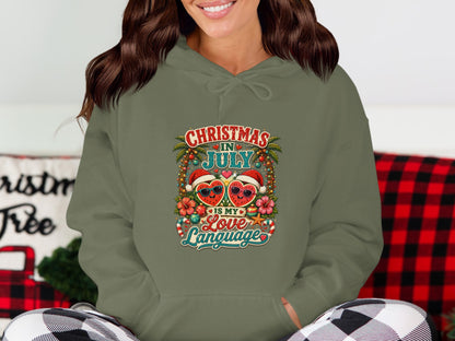 Hoodie with cartoon heart-shaped watermelons wearing sunglasses and Christmas decorations.